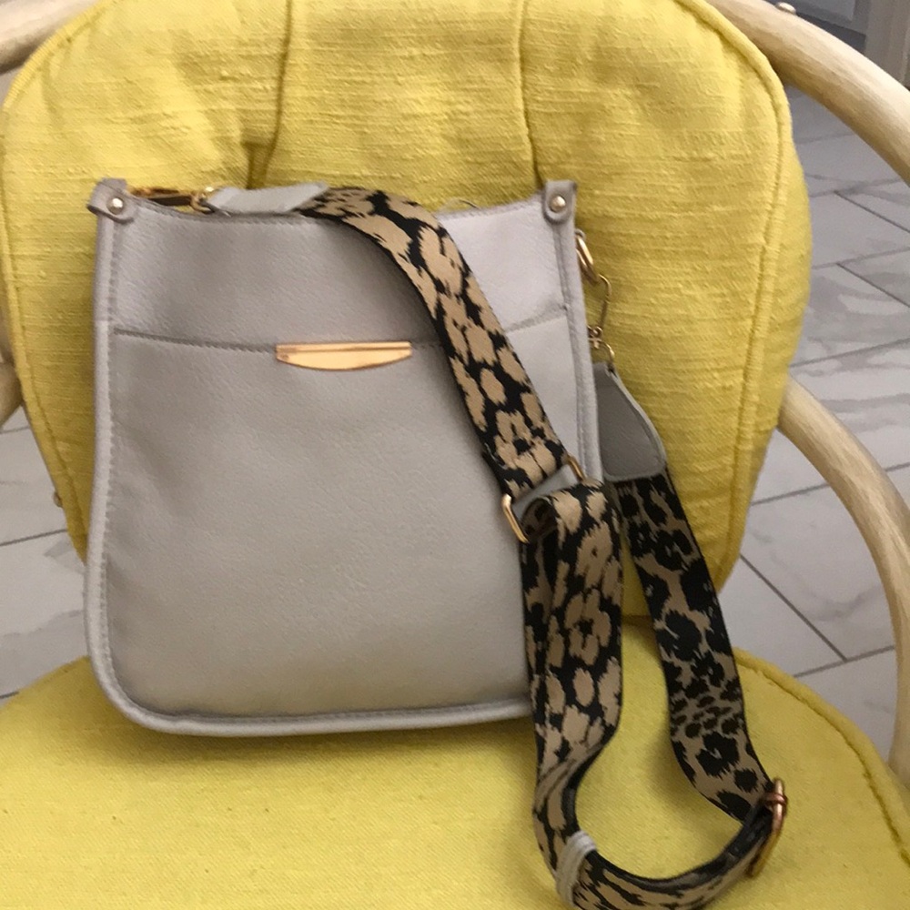 Gray Crossbody Bag with Animal-Print Strap